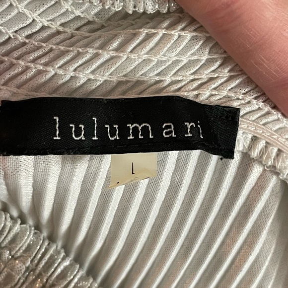 Anthropologie Lulumari shimmer silver elastic on off shoulder pleat blouse sz LG - Picture 11 of 13